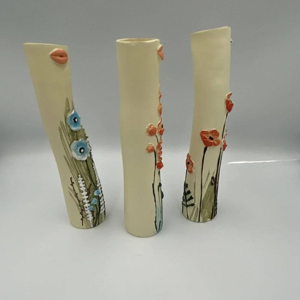 Set of 3 Modern Floral Face Vases, Cream Orange Blue Green, Matte Finish